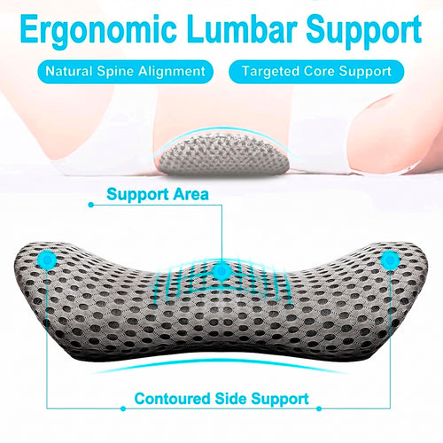 Diagram illustrating the targeted core support and contoured side areas of the Marnify grey lumbar cushion
