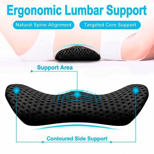 Diagram illustrating the targeted core support and contoured side areas of the Marnify black lumbar cushion