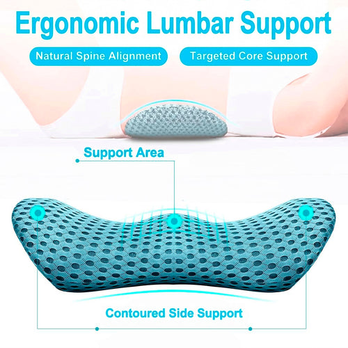 Diagram illustrating the targeted core support and contoured side areas of the Marnify blue lumbar cushion