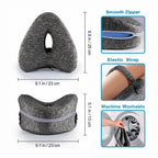 Grey ergonomic knee pillow measuring 25 by 23 by 13 cm featuring a smooth zipper and machine washable cover