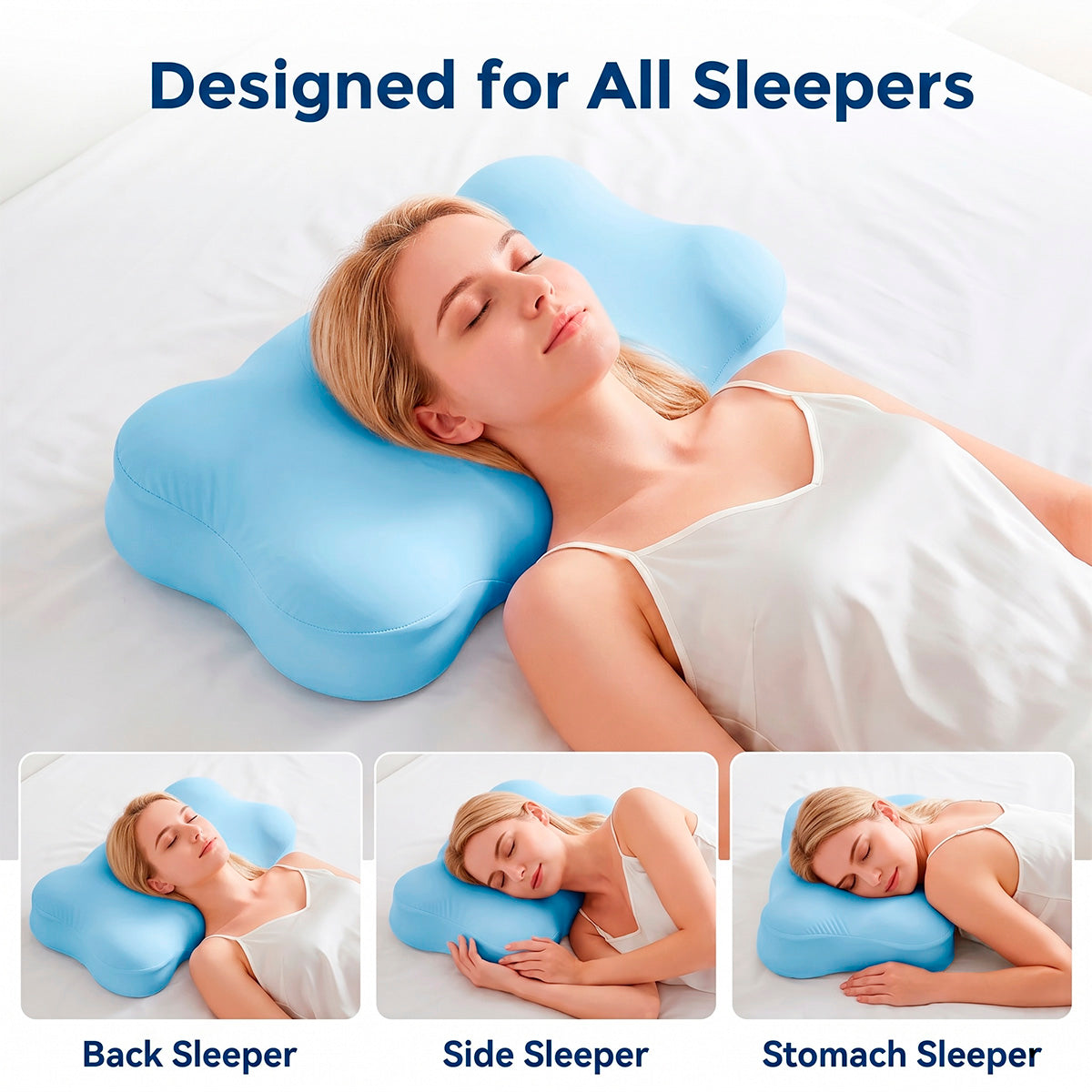 Woman sleeping comfortably demonstrating how the Marnify blue ergonomic cloud pillow is designed for back, side, and stomach sleepers