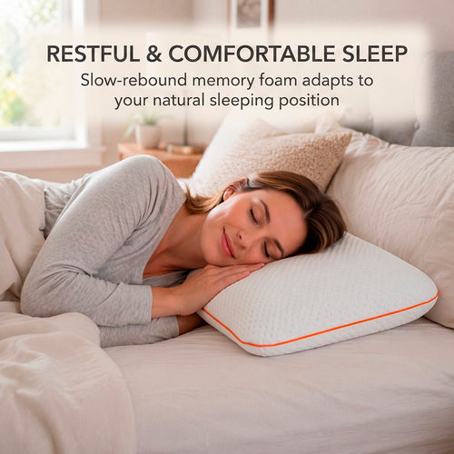 Woman sleeping comfortably on her side using the white classic memory foam pillow, highlighting slow-rebound support by Marnify