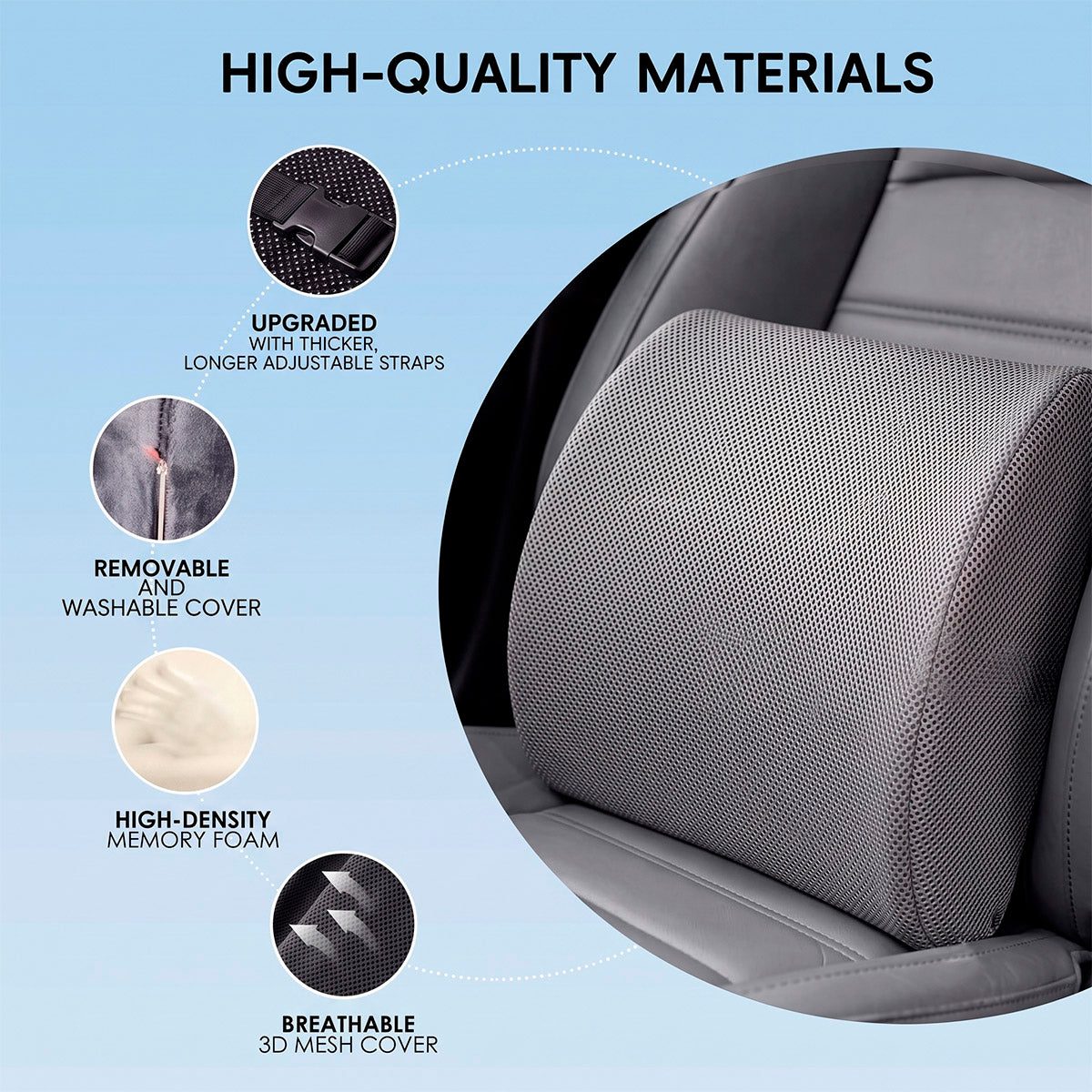 Detailed view of the Marnify lumbar cushion highlighting the high-density memory foam, 3D mesh cover, and upgraded adjustable straps