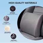 Detailed view of the Marnify lumbar cushion highlighting the high-density memory foam, 3D mesh cover, and upgraded adjustable straps
